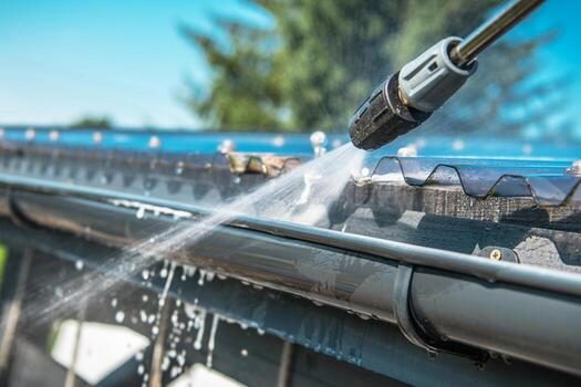 Gutter cleaning and flushing along a roofline