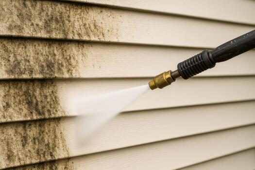 Soft washing vinyl cladding — dirt and mould stripped away mid-clean
